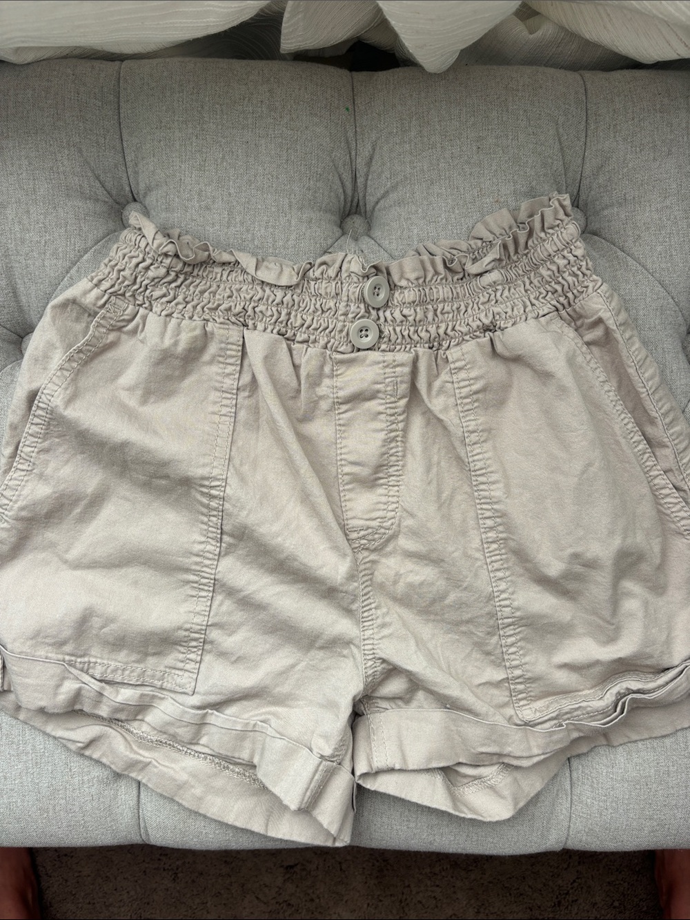 Vanilla Star Light Beige High-Waist Ruffle Smocked Shorts